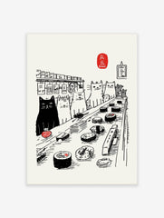 Illustrative cat sushi conveyor belt wall art with black cat, white cats, red fish, and Japanese text on a banner