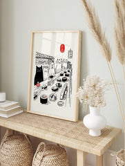 Illustrative cat sushi conveyor belt wall art with black cat, white cats, red fish, and, in an alternate framed mockup