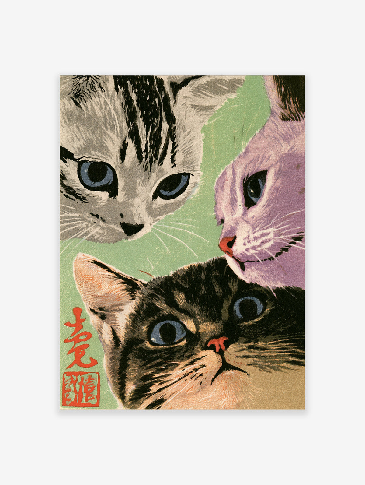 Japanese-style cat trio poster with three blue-eyed cats on green background