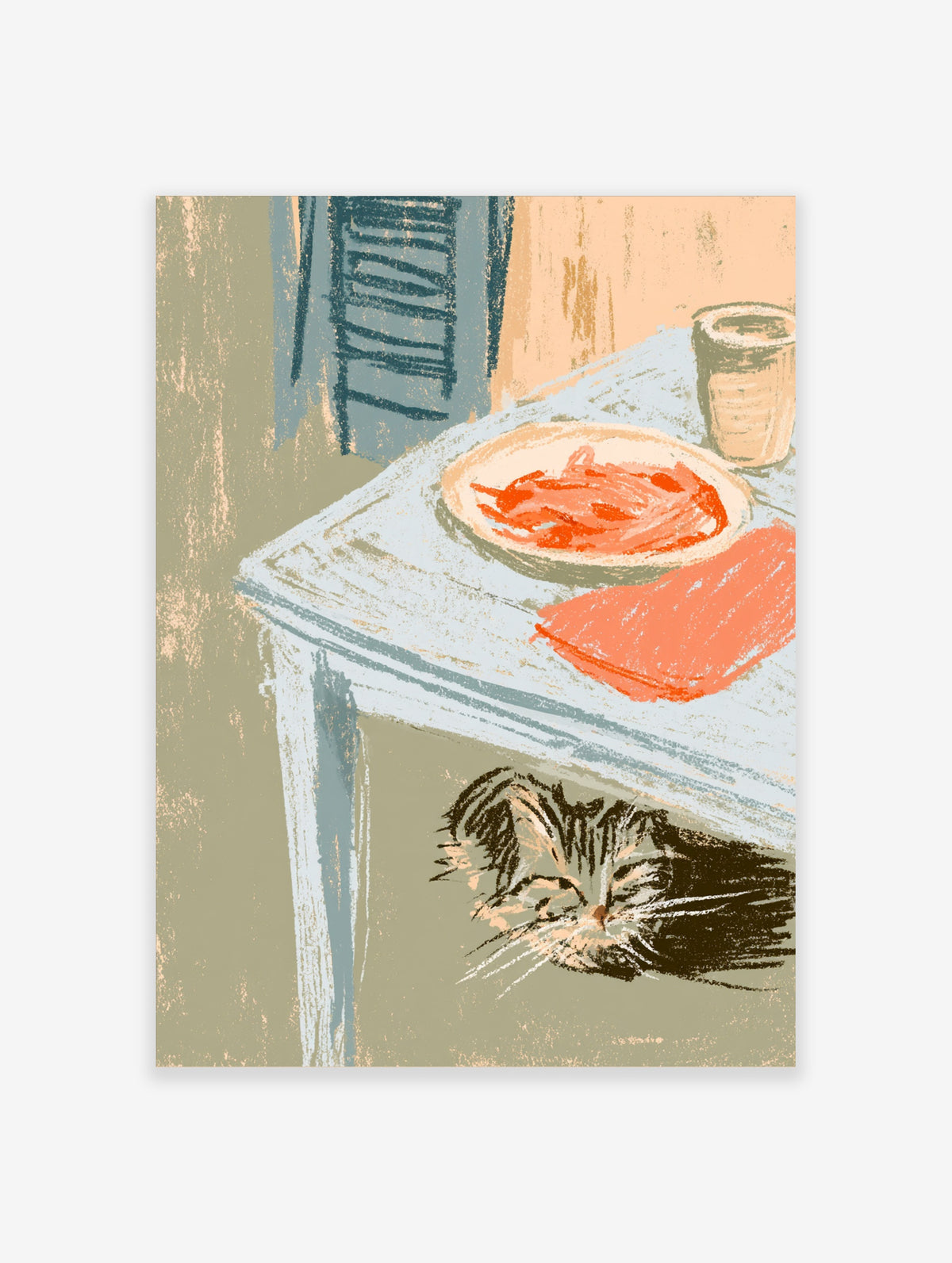 Illustrated cat poster of a tabby resting under a pale blue table with food and orange napkin