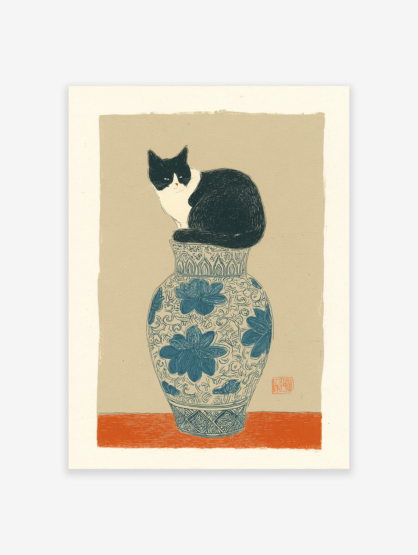 Illustrative cat art print showing a black and white cat sitting on a blue and white patterned vase against a tan background.