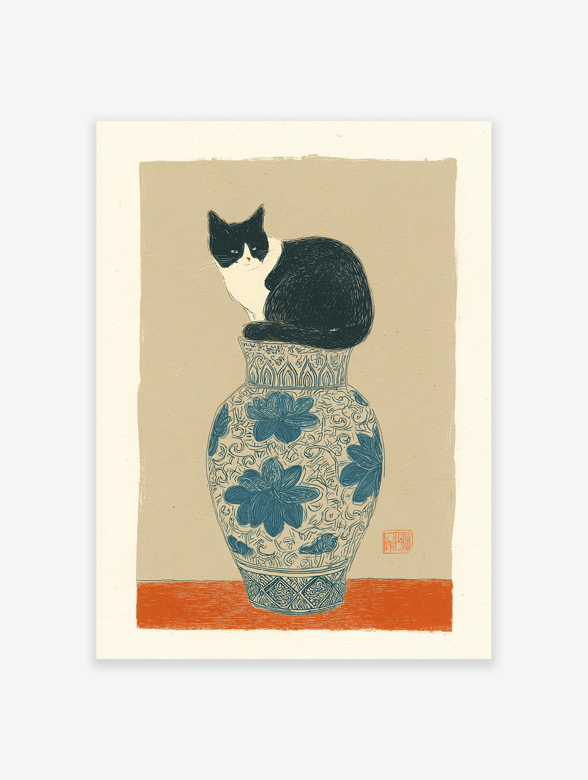 Illustrative cat art print showing a black and white cat sitting on a blue and white patterned vase against a tan background.