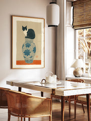 Illustrative cat art print showing a black and white cat sitting on a blue and white patterned vase against a tan background. - Image 2