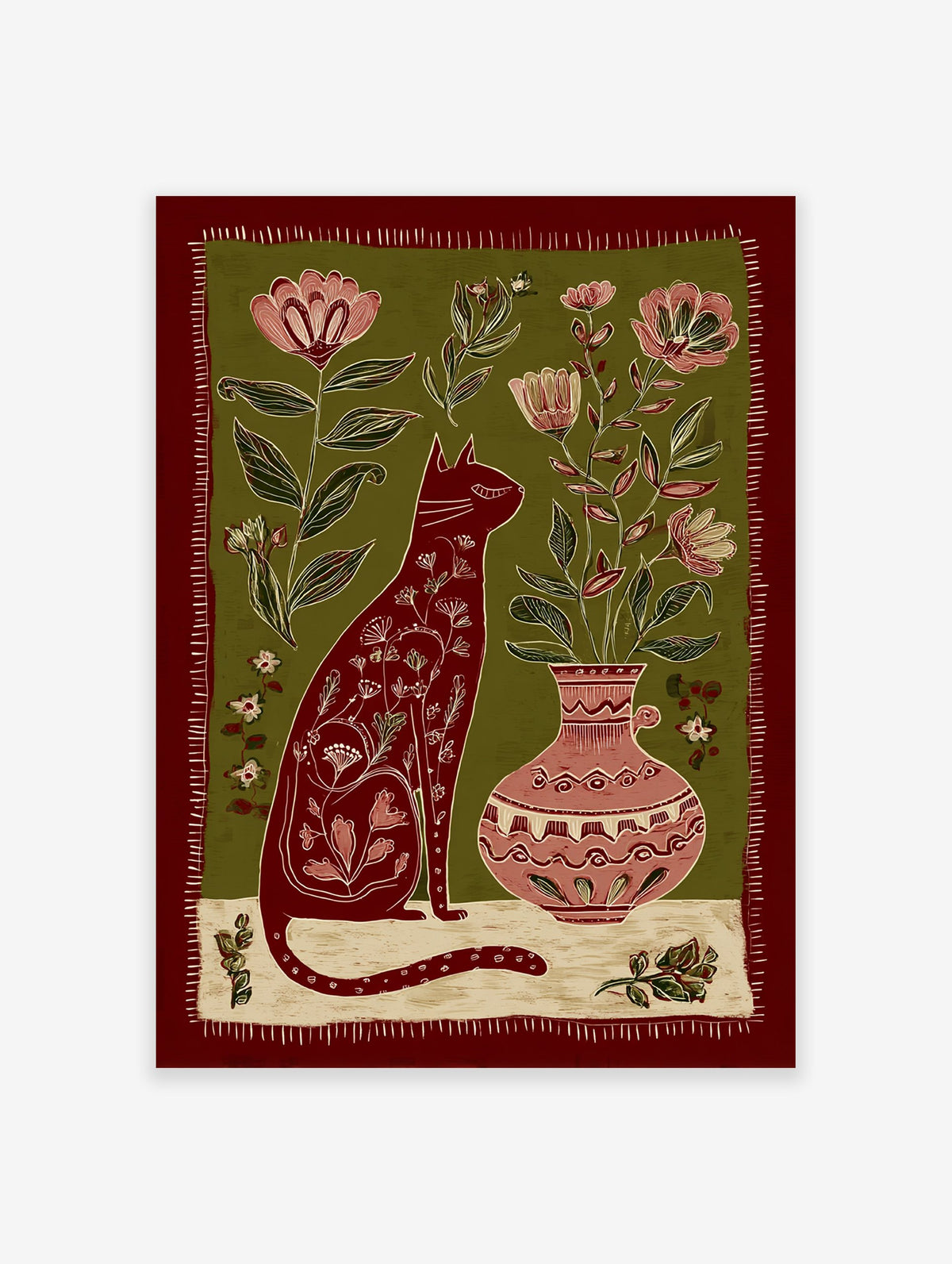 Folk art illustration of a red cat with floral patterns, sitting next to a vase with pink flowers on a green background.