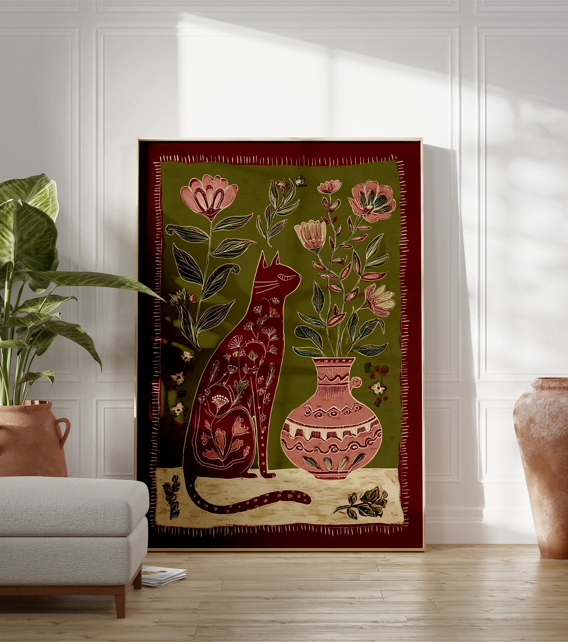 Folk art illustration of a red cat with floral patterns, sitting next to a vase with pink flowers on a green background. - Image 3