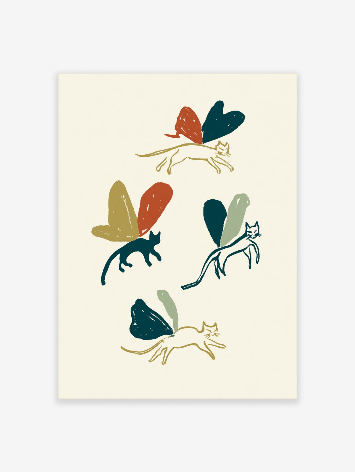 Colourful cat wall art with butterfly wings in mustard, rust, teal, and sage on cream background