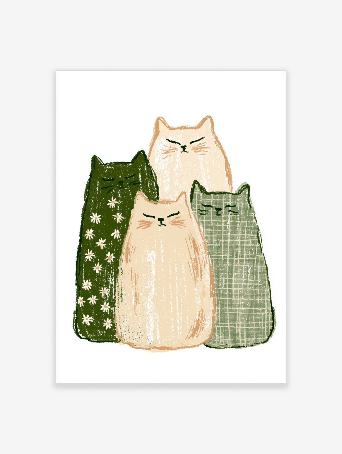 Three stylised cats in cream, dark green floral, and green check patterns on a white background