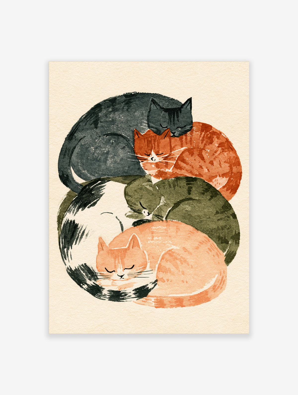 Circular watercolour cat art print with four sleeping cats in grey, orange, green and peach