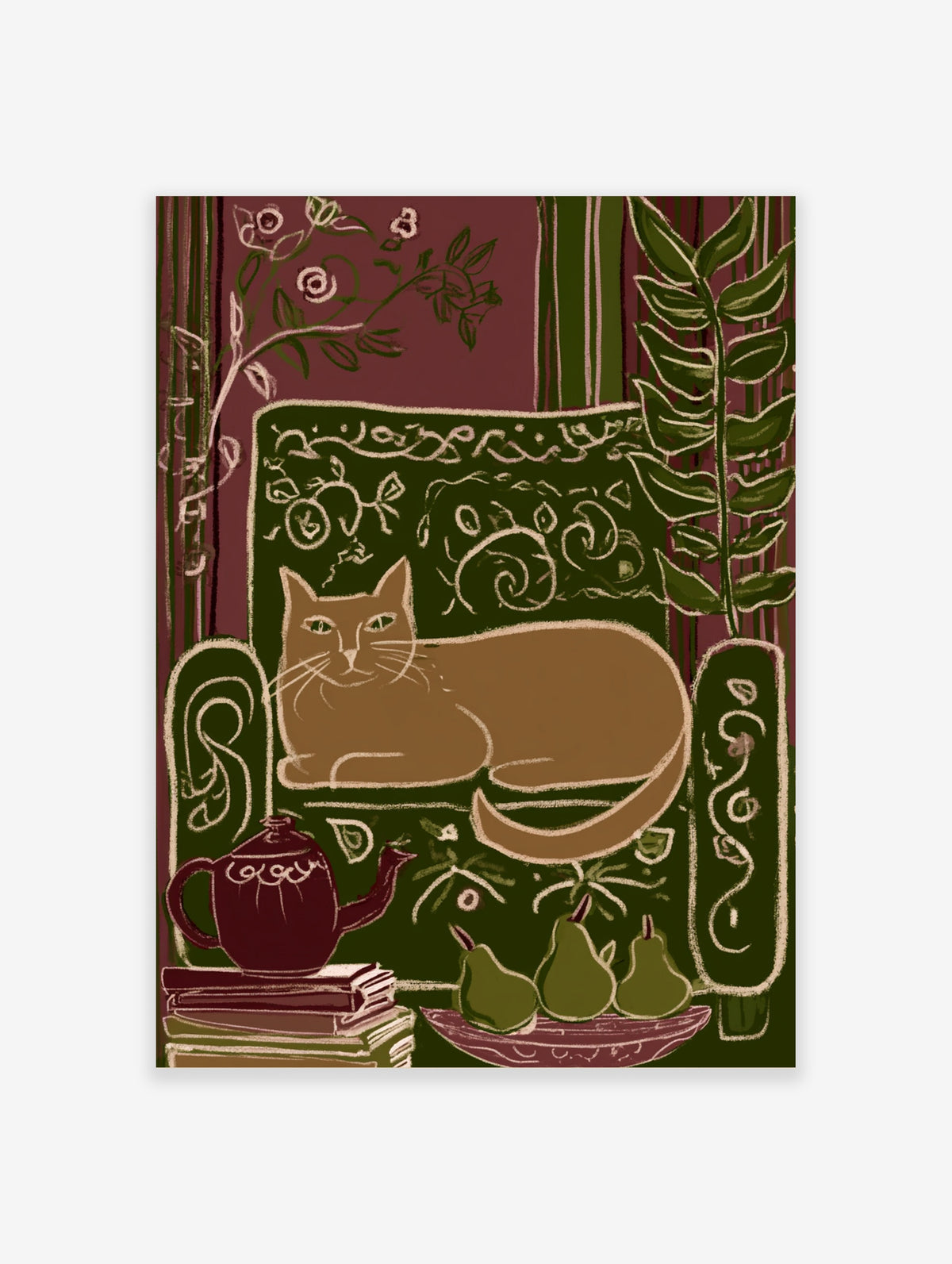 Tan cat on green patterned chair with botanical leaves, teapot and pears, cat wall art print