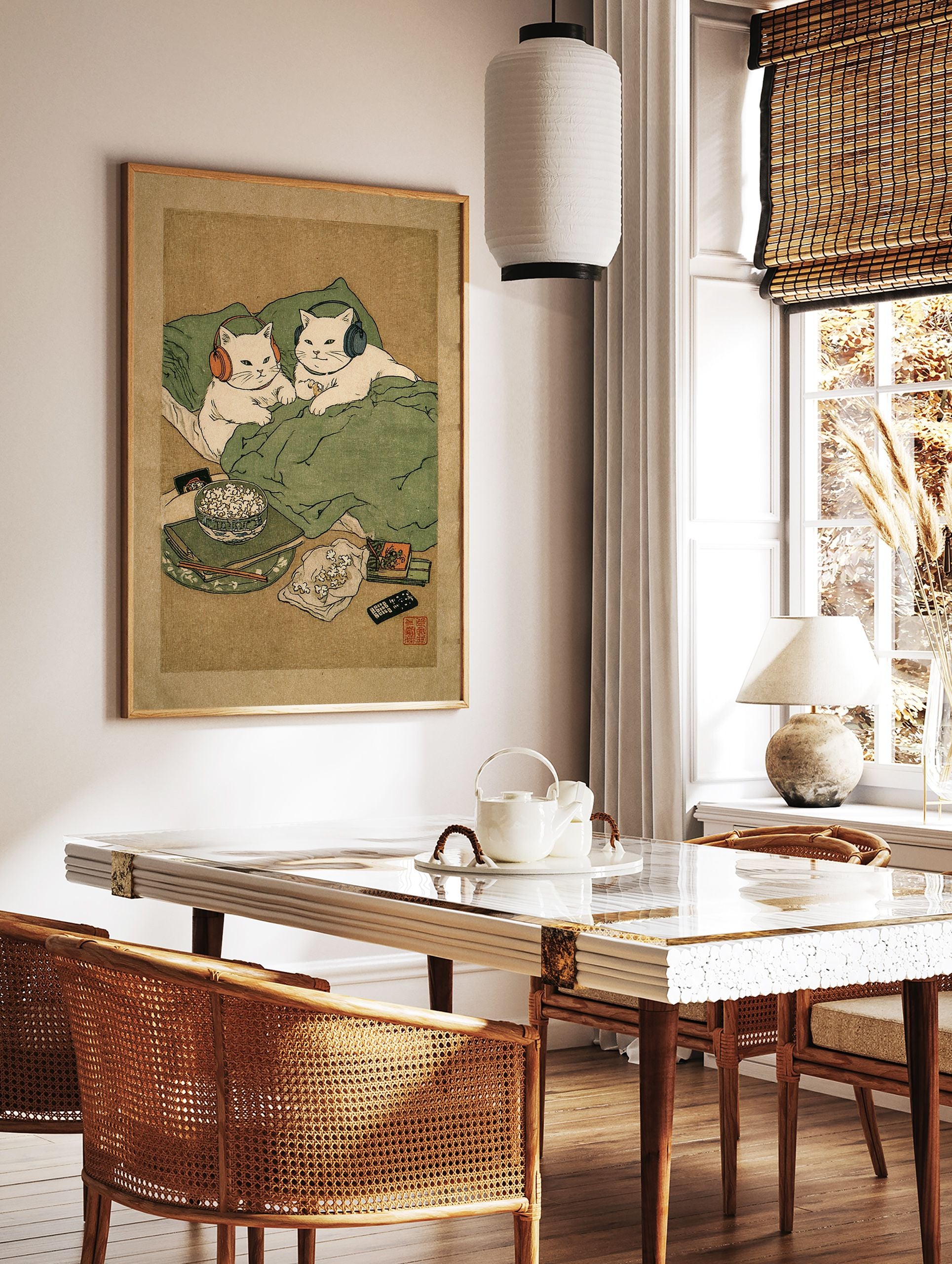 Japanese-style cat wall art showing two white cats with headphones in bed, surrounded by popcorn and a remote. - Image 2