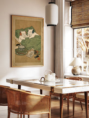 Japanese-style cat wall art showing two white cats with headphones in bed, surrounded by popcorn and a remote. - Image 2