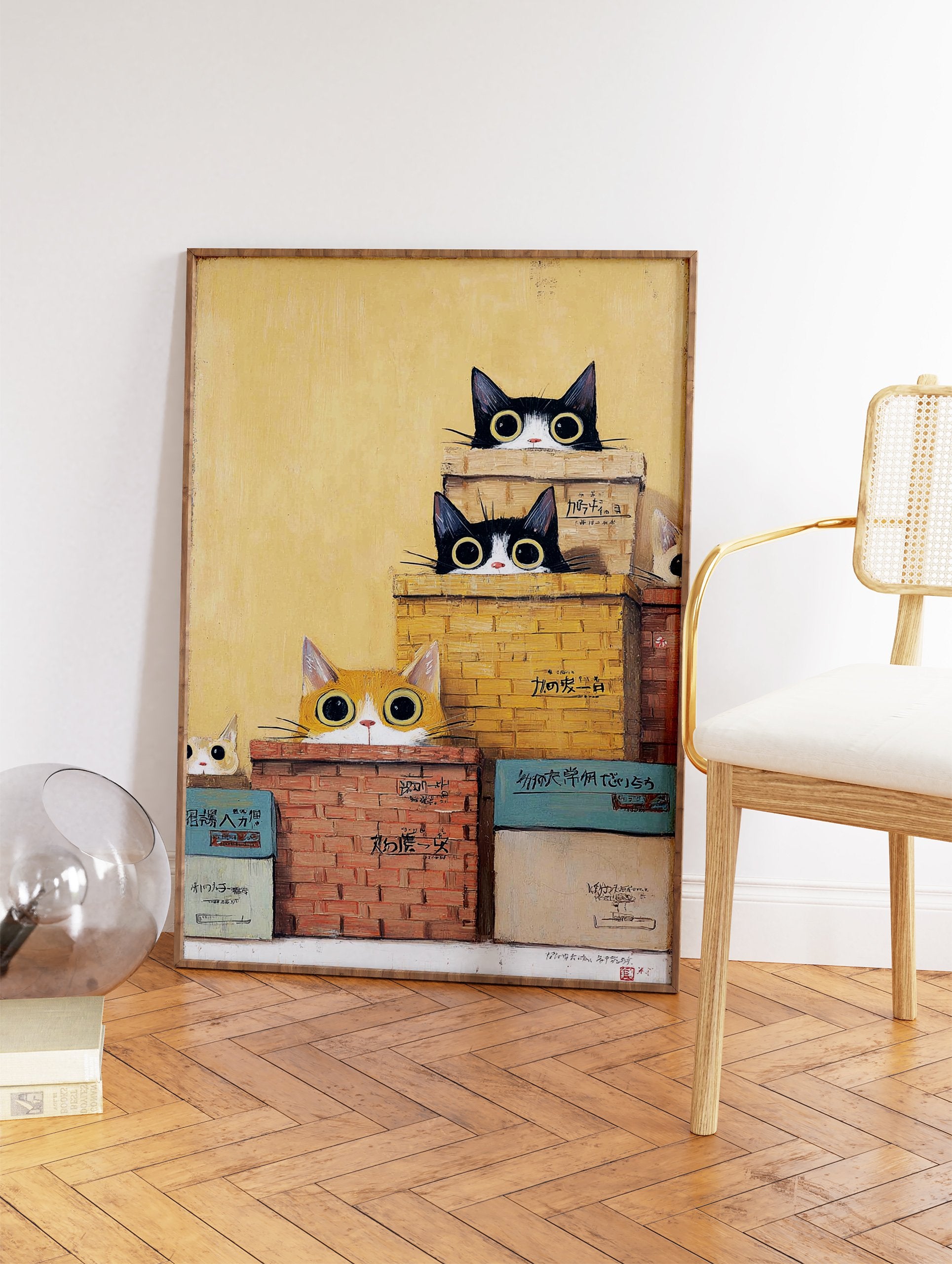 Whimsical Cat Wall Art featuring several black and white and ginger cats peeking from stacked boxes against a yellow background. - Image 2