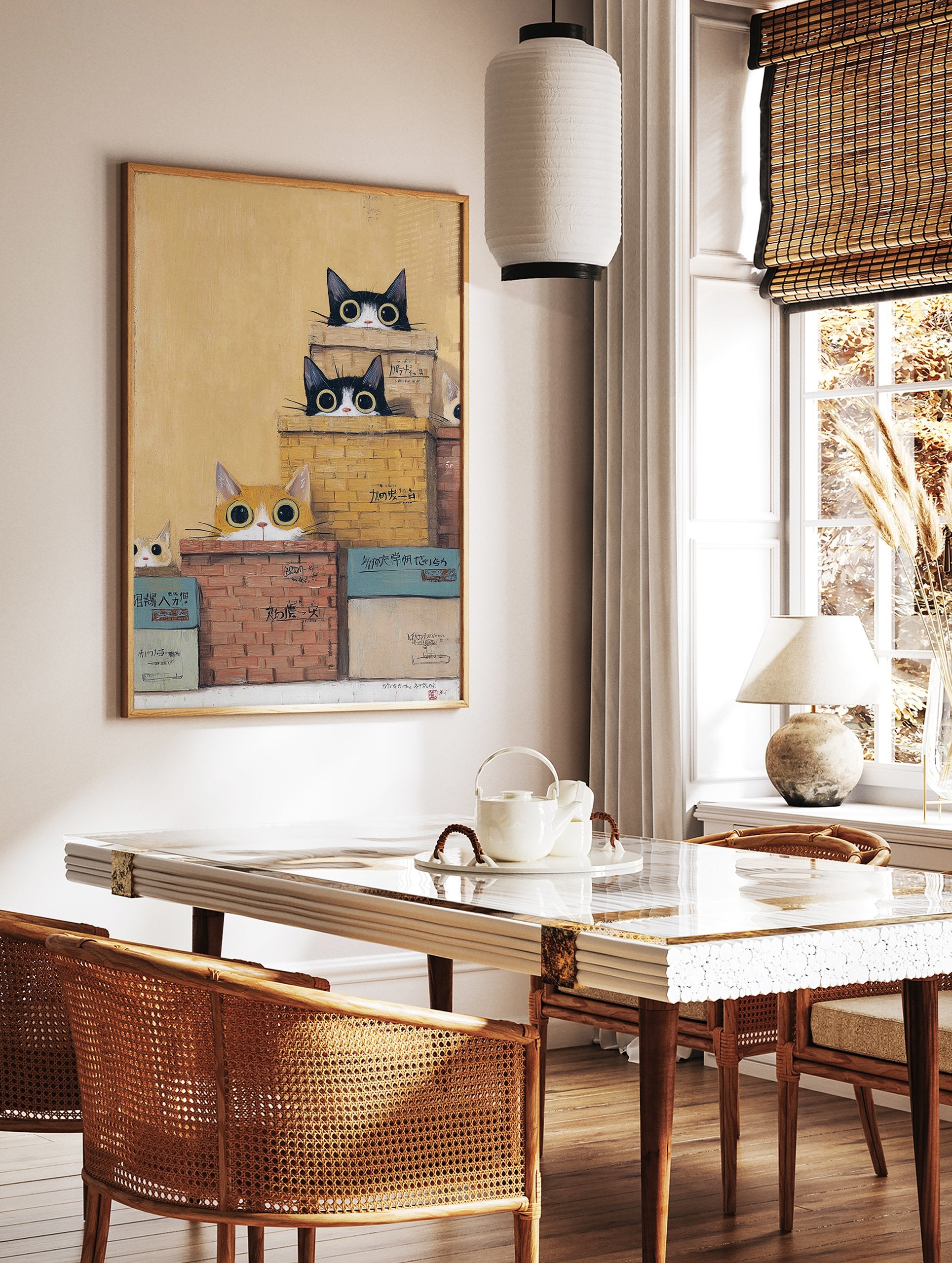 Whimsical Cat Wall Art featuring several black and white and ginger cats peeking from stacked boxes against a yellow background. - Image 3
