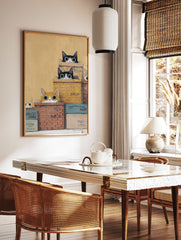 Whimsical Cat Wall Art featuring several black and white and ginger cats peeking from stacked boxes against a yellow background. - Image 3
