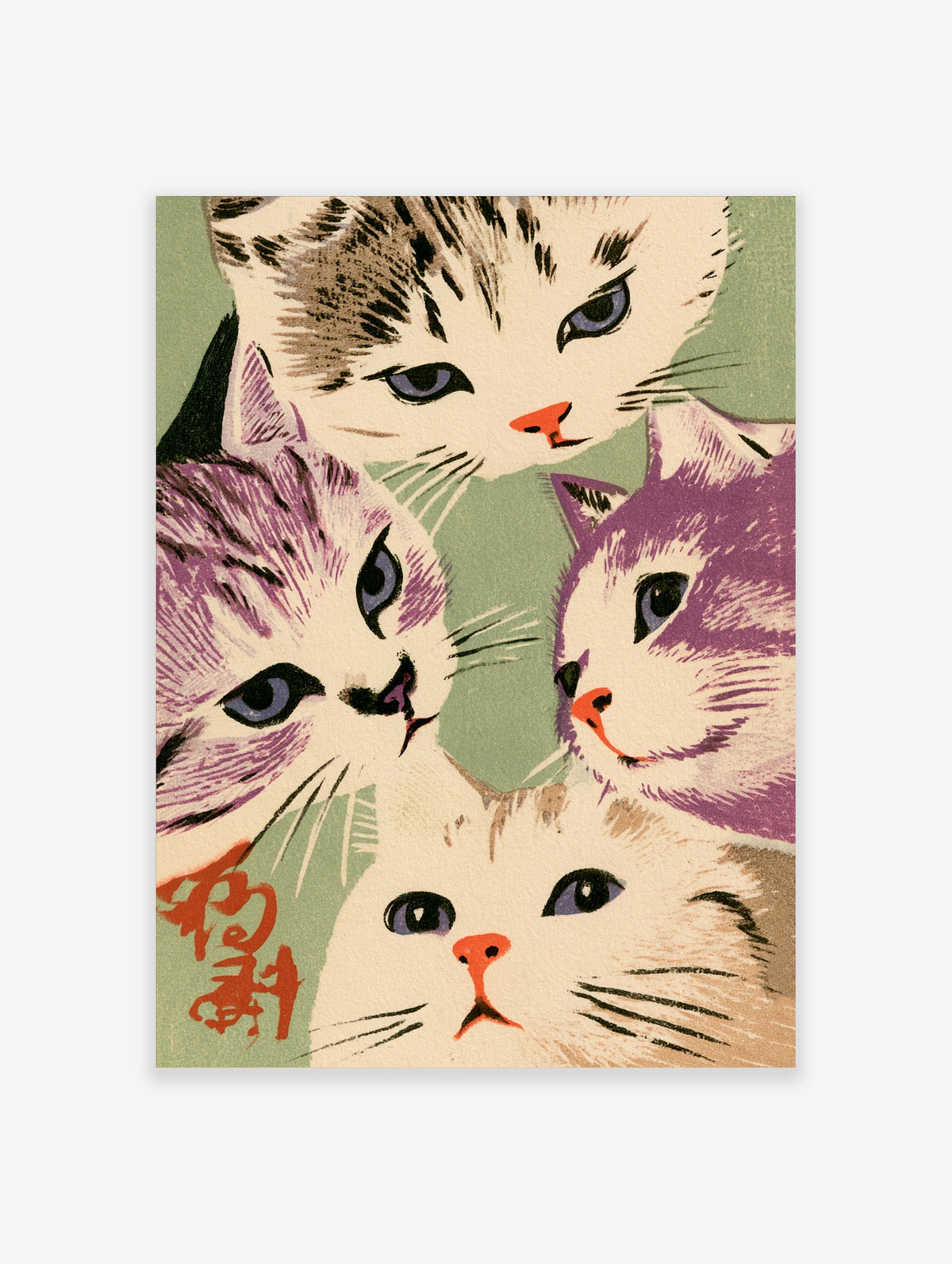 Japanese woodblock cat art print with four cats in purple, green, and cream tones