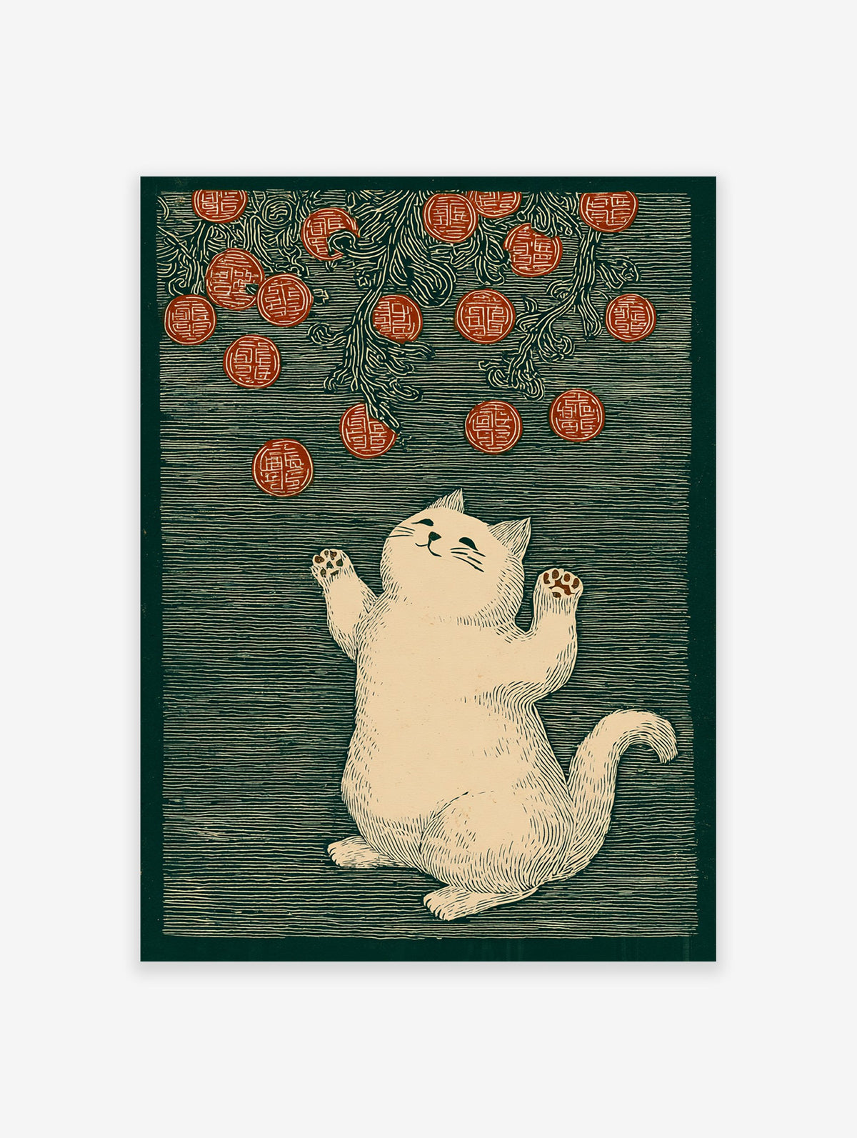 Lucky cat illustration reaching for red fortune coins on a dark green patterned background, in a traditional art style.