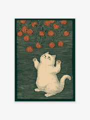 Lucky cat illustration reaching for red fortune coins on a dark green patterned background, in a traditional art style.