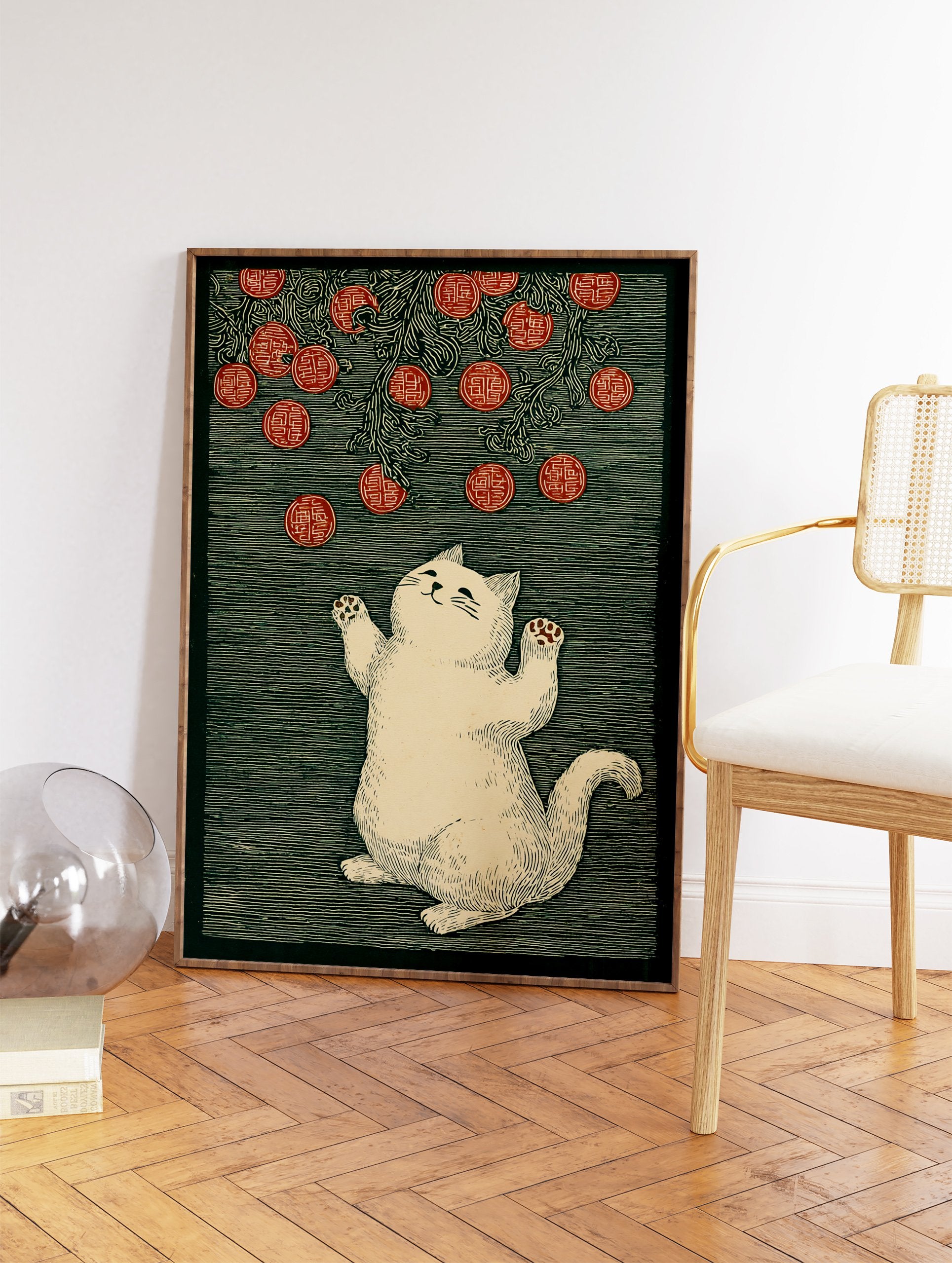 Lucky cat illustration reaching for red fortune coins on a dark green patterned background, in a traditional art style. - Image 2
