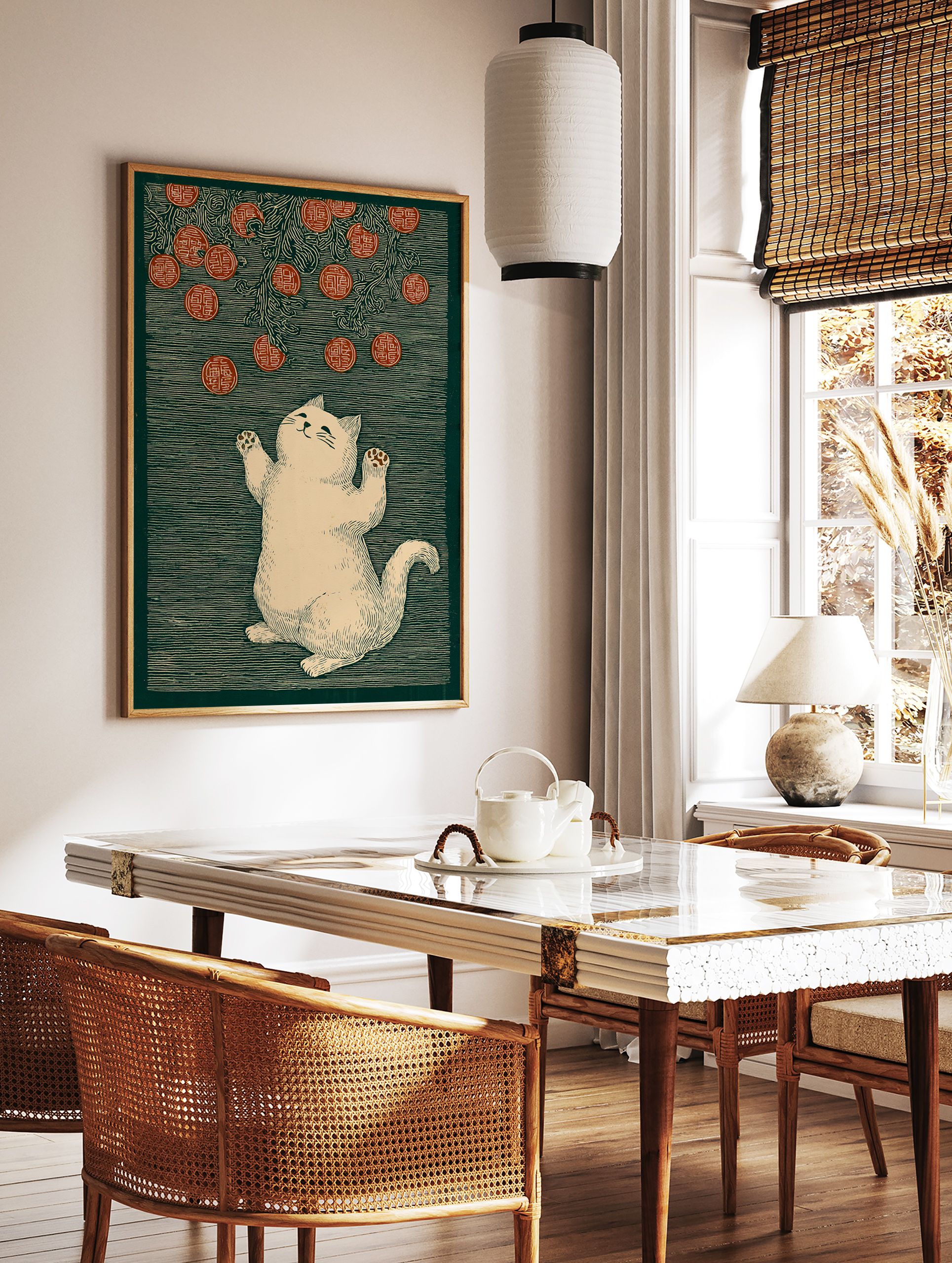 Lucky cat illustration reaching for red fortune coins on a dark green patterned background, in a traditional art style. - Image 3