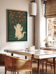 Lucky cat illustration reaching for red fortune coins on a dark green patterned background, in a traditional art style. - Image 3