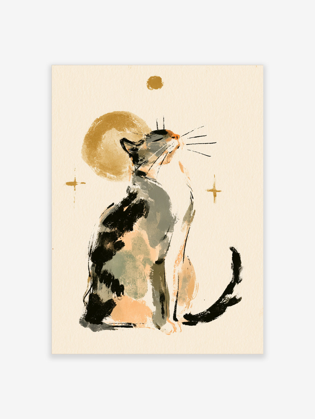 Modern cat art print of a seated grey and black cat looking up at a gold circle and stars