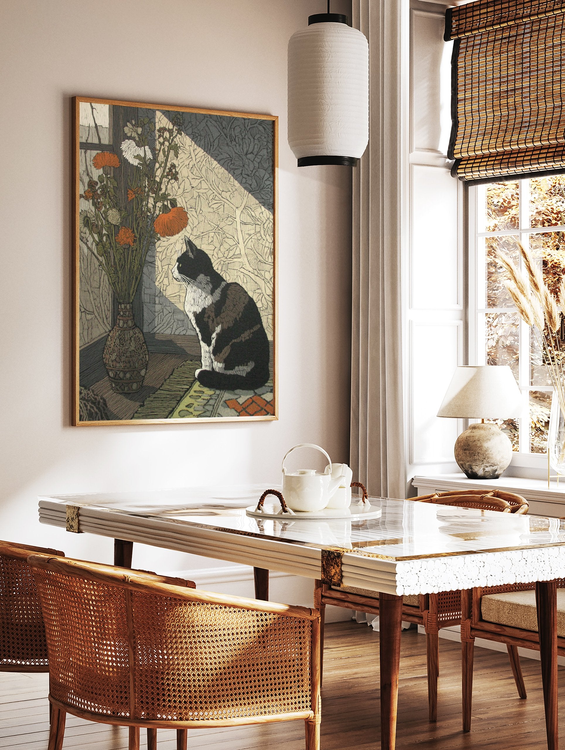 Illustrative Cat Wall Art featuring a black and white cat by a window with a vase of orange and white flowers in sunlight. - Image 3