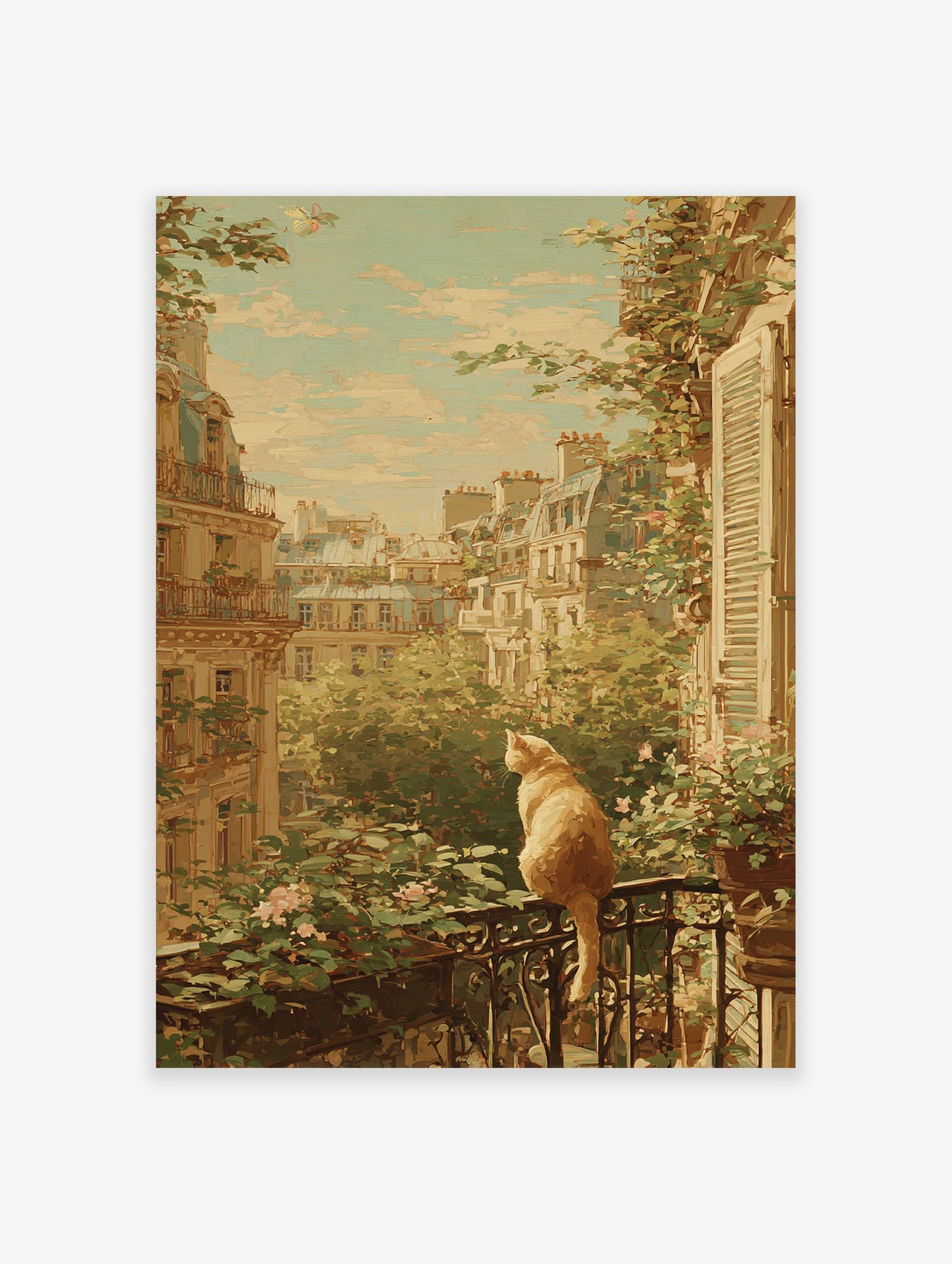 Painterly cat wall art of a ginger cat on a Parisian balcony overlooking buildings, trees, and a cloudy sky.