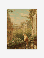 Painterly cat wall art of a ginger cat on a Parisian balcony overlooking buildings, trees, and a cloudy sky.