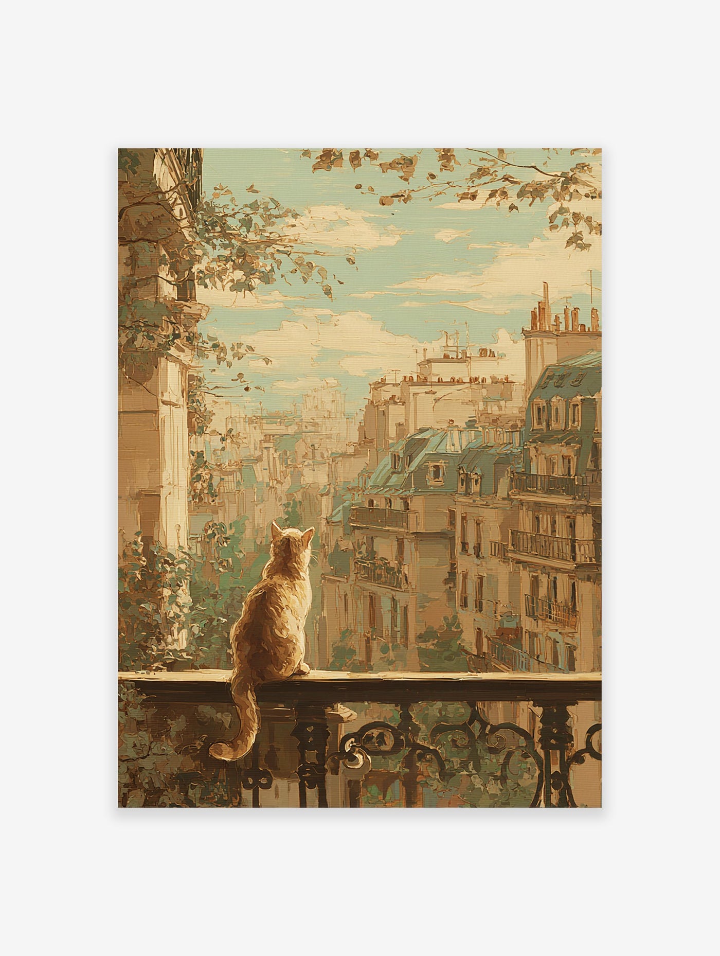 Ginger cat on a Parisian balcony overlooking a city with rooftops and a cloudy sky, painted in an impressionistic style.
