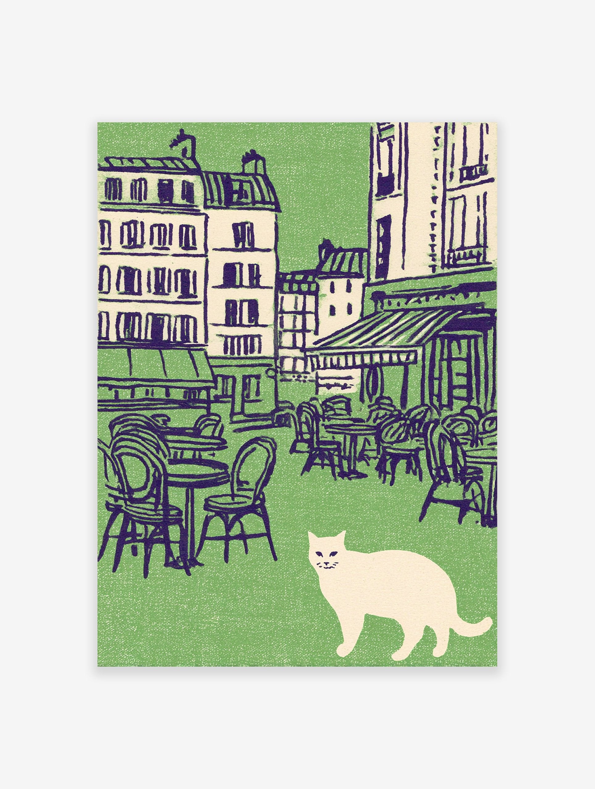 Vintage illustration of a white cat in front of a green Parisian cafe scene with outdoor tables and buildings. Cat wall art.