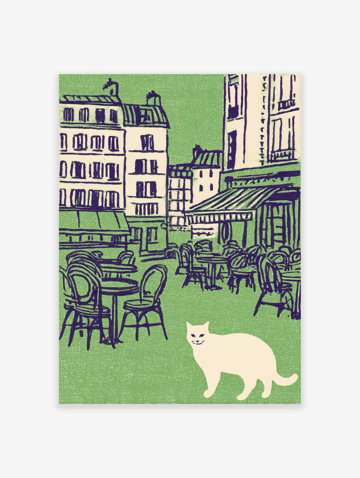 Vintage illustration of a white cat in front of a green Parisian cafe scene with outdoor tables and buildings. Cat wall art.