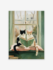 Two black and white and ginger cats reading a green book on a pink cushion by a window. Cat wall art.