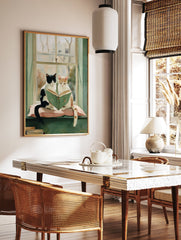 Two black and white and ginger cats reading a green book on a pink cushion by a window. Cat wall art. - Image 2