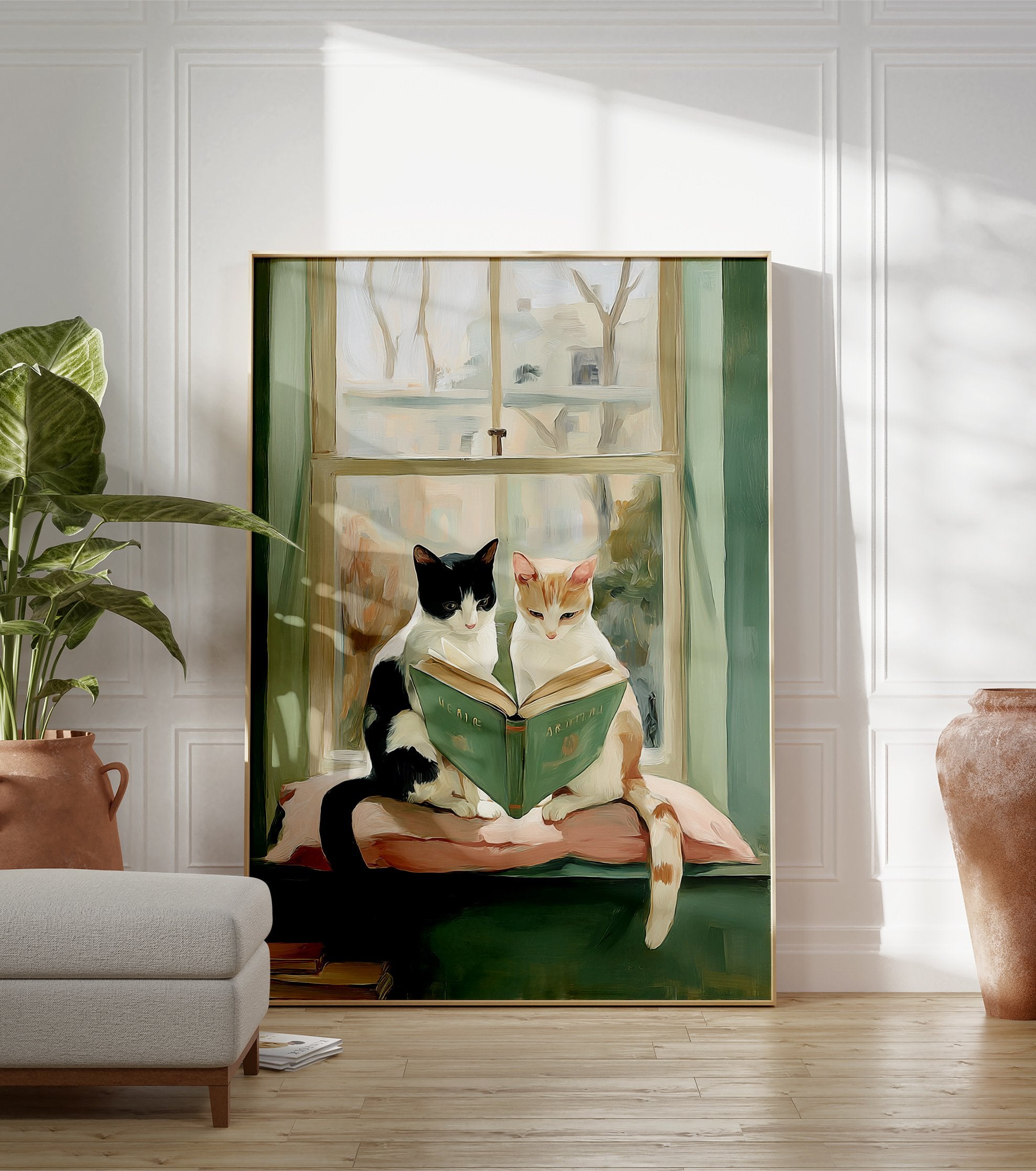 Two black and white and ginger cats reading a green book on a pink cushion by a window. Cat wall art. - Image 3