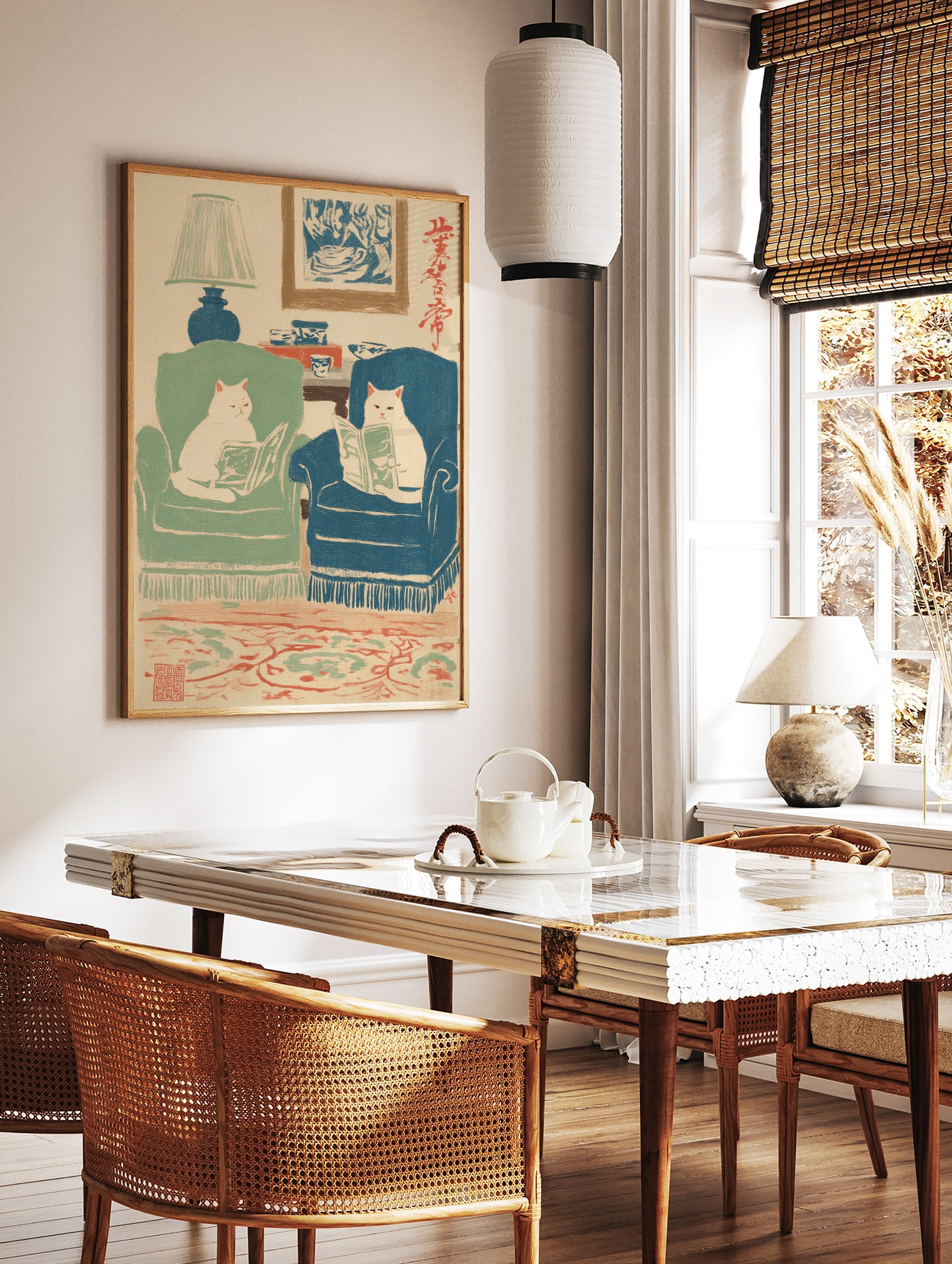 Illustrated art print featuring two white cats in armchairs reading books in a cozy living room with a lamp and rug. - Image 2