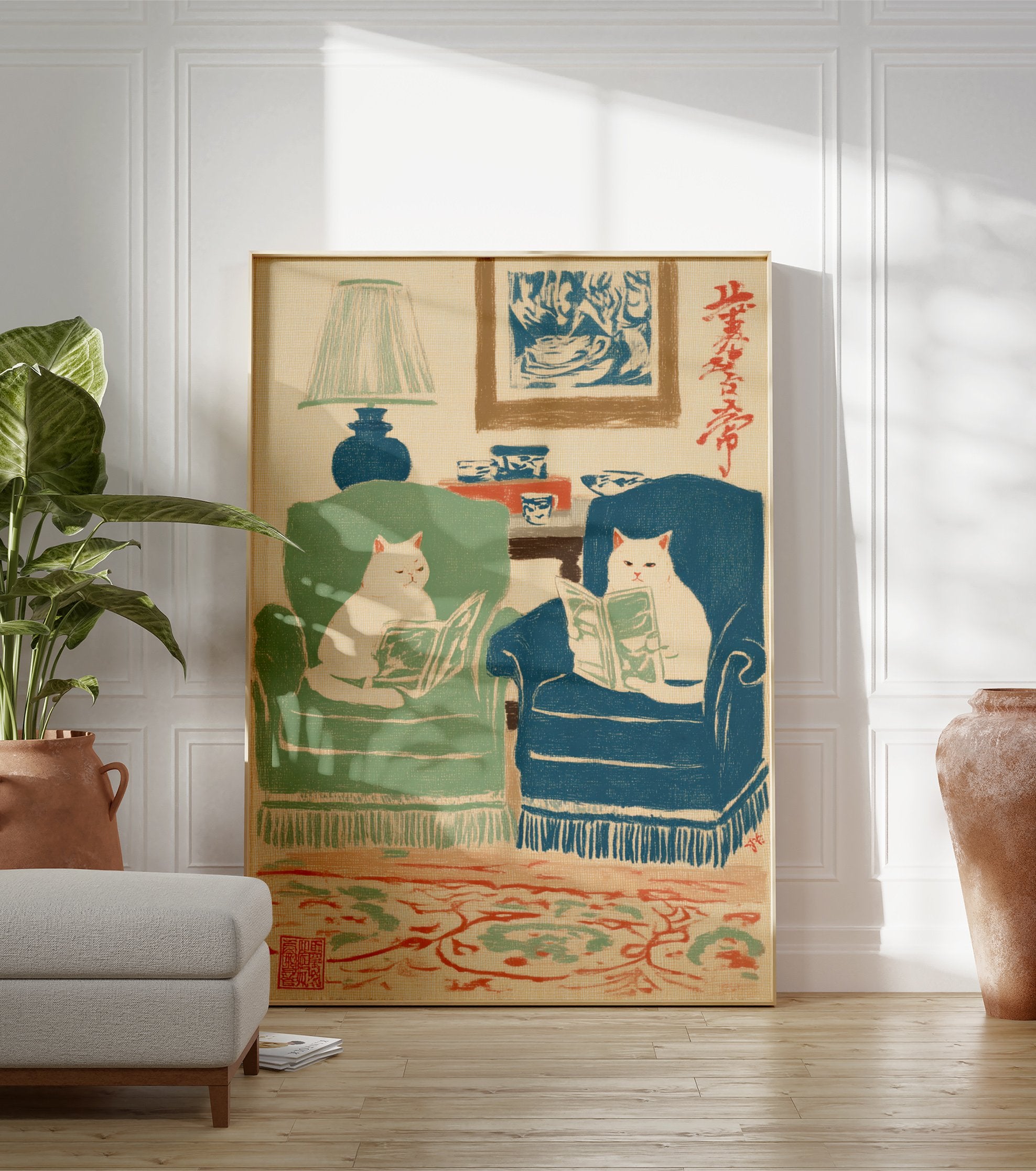 Illustrated art print featuring two white cats in armchairs reading books in a cozy living room with a lamp and rug. - Image 3