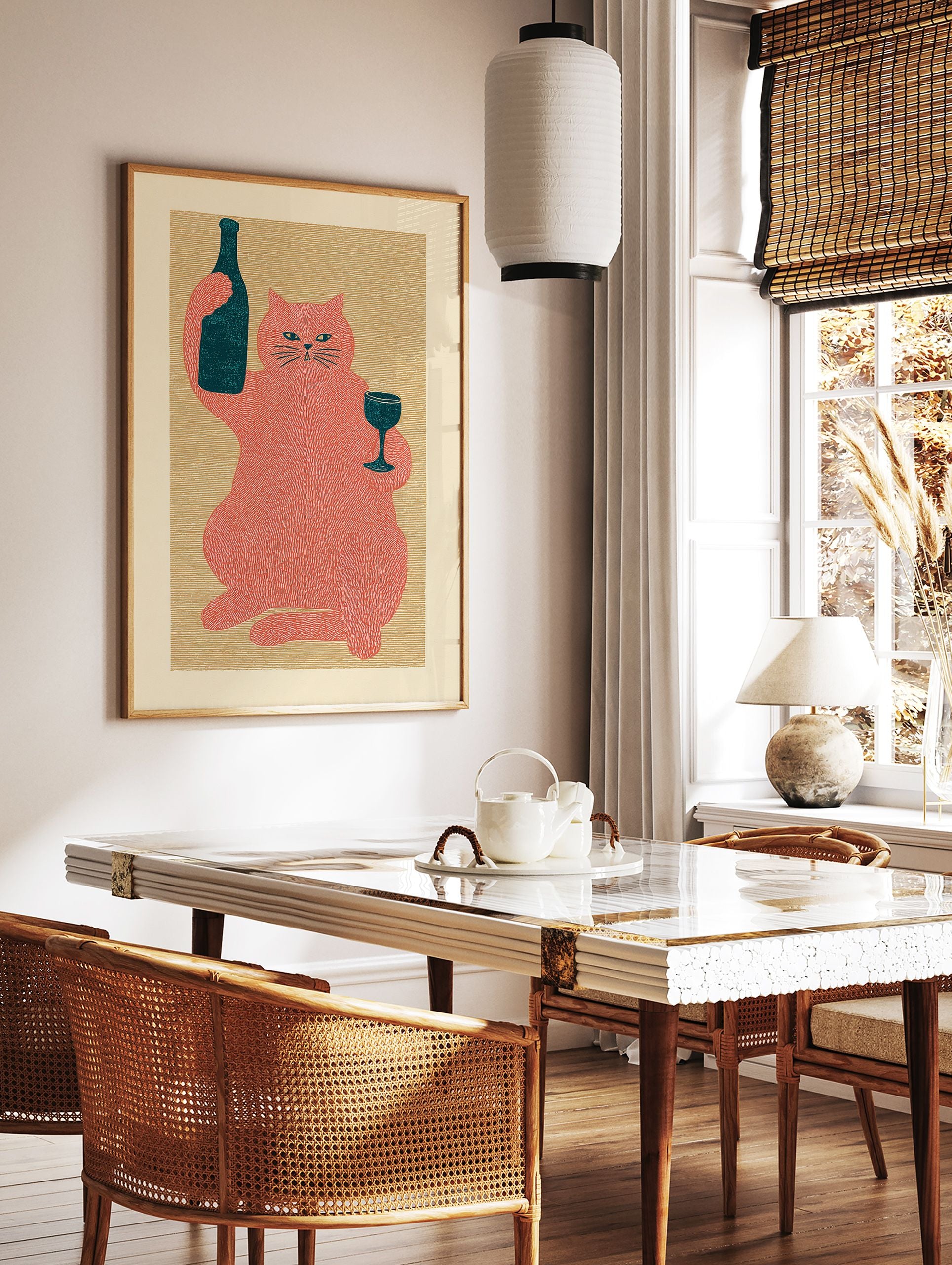 Red cat illustration holding a dark wine bottle and glass on a textured beige background, whimsical cat wall art print - Image 2