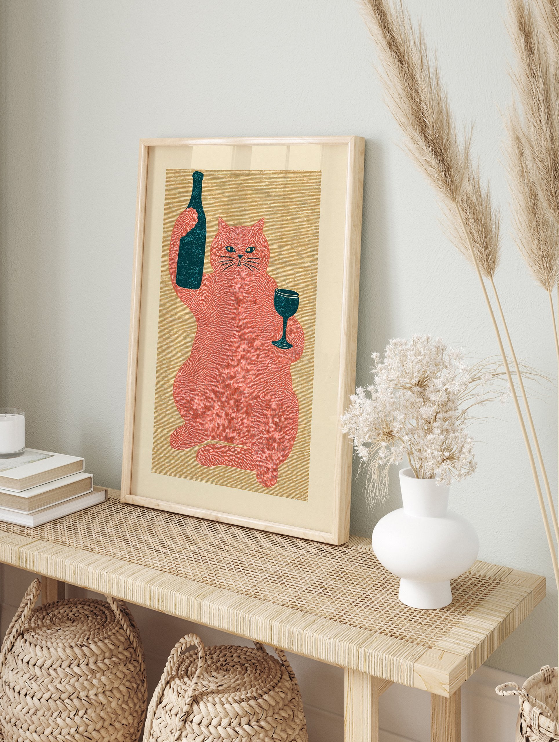 Red cat illustration holding a dark wine bottle and glass on a textured beige background, whimsical cat wall art print - Image 3