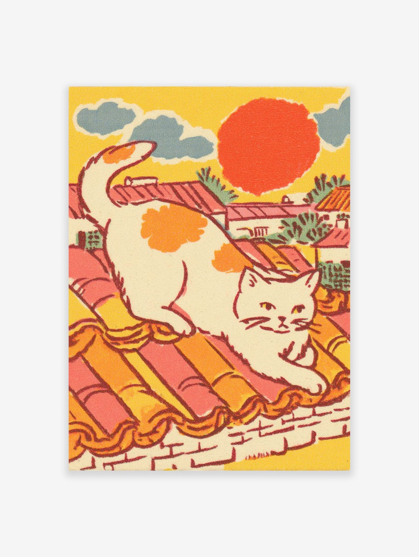 Vintage style illustration of a white cat with orange spots stretching on a terracotta tiled rooftop under a red sun, blue clouds. Cat Wall Art.