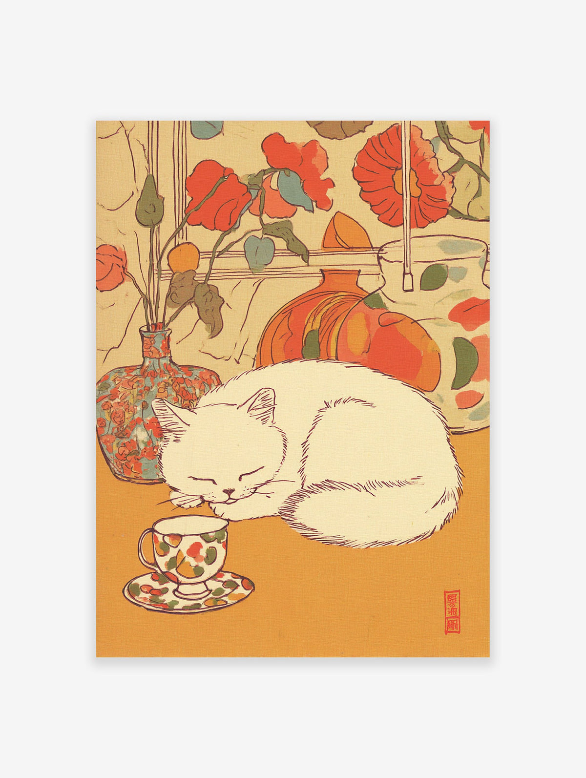 Illustrative Cat Wall Art of a white cat sleeping next to a floral teacup and vases with red flowers.