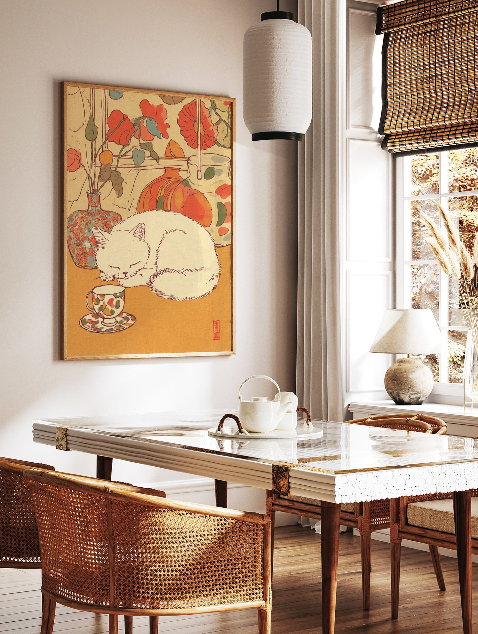 Illustrative Cat Wall Art of a white cat sleeping next to a floral teacup and vases with red flowers. - Image 2