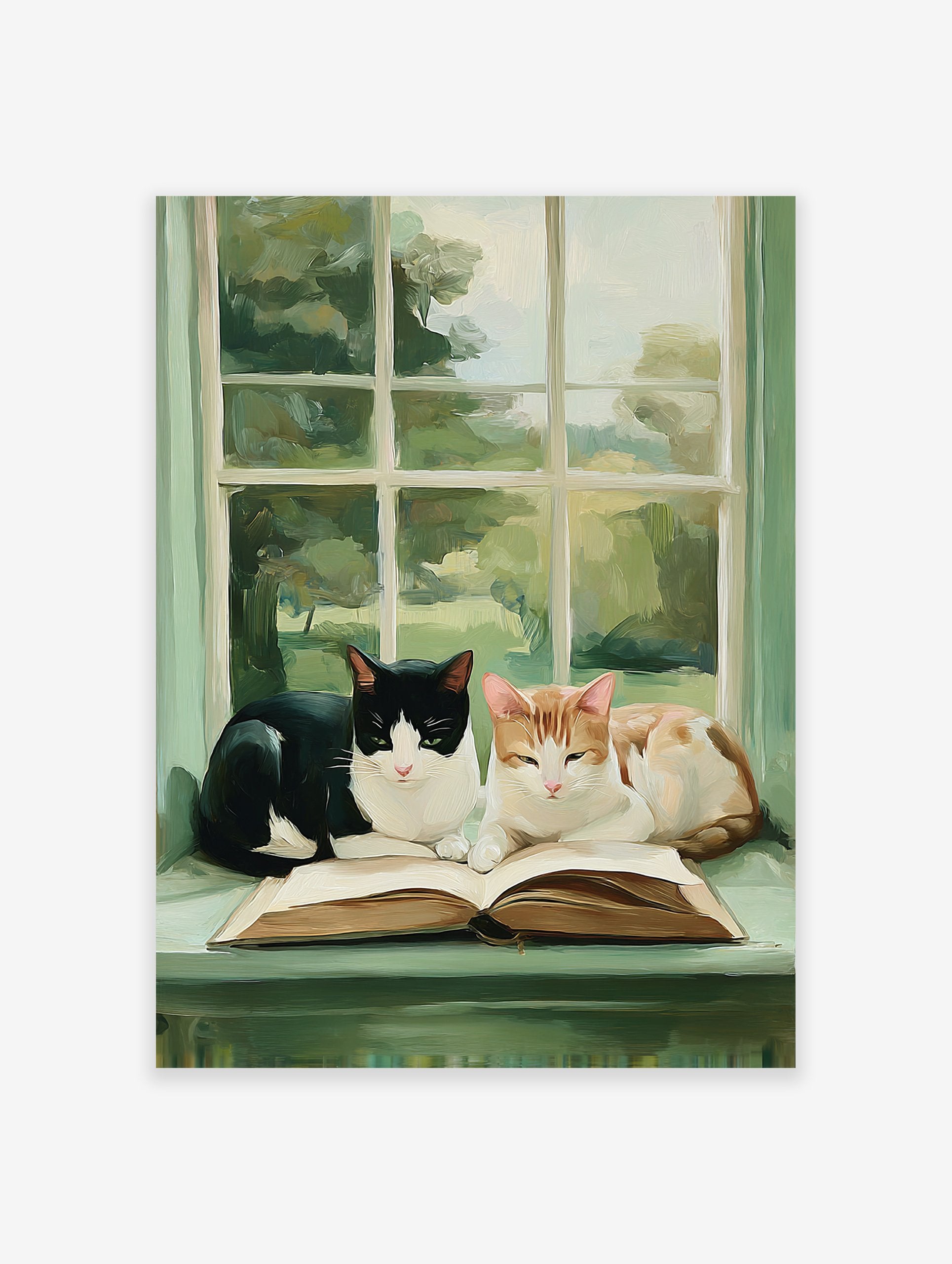Painterly cat wall art showing a black and white cat and a ginger cat resting on an open book on a green window sill.