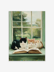 Painterly cat wall art showing a black and white cat and a ginger cat resting on an open book on a green window sill.