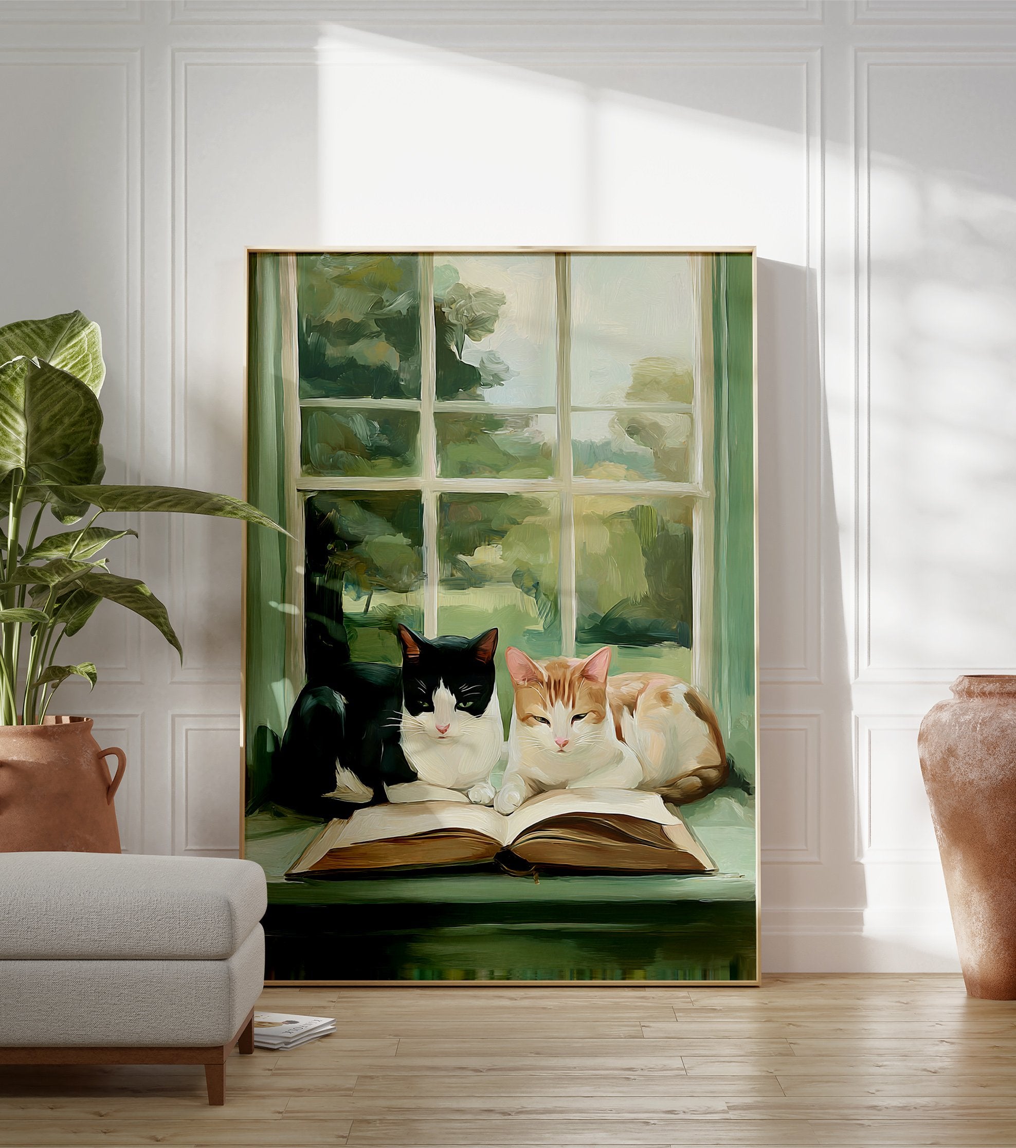 Painterly cat wall art showing a black and white cat and a ginger cat resting on an open book on a green window sill. - Image 3