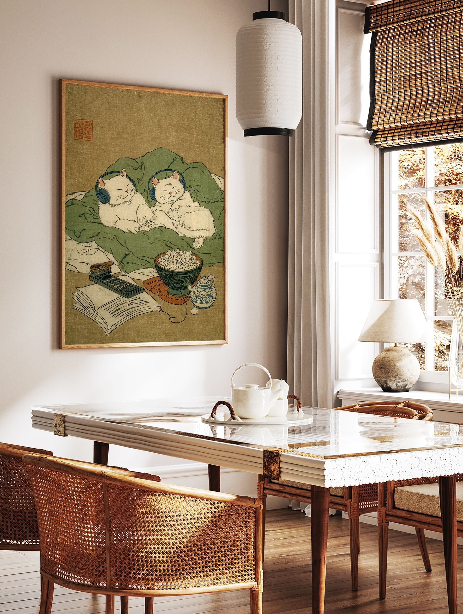 Ukiyo-e style cat wall art featuring two white cats with blue headphones relaxing on green blankets with popcorn and a book. - Image 2