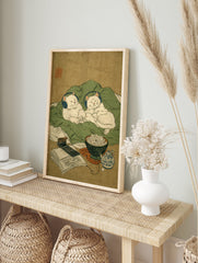 Ukiyo-e style cat wall art featuring two white cats with blue headphones relaxing on green blankets with popcorn and a book. - Image 3