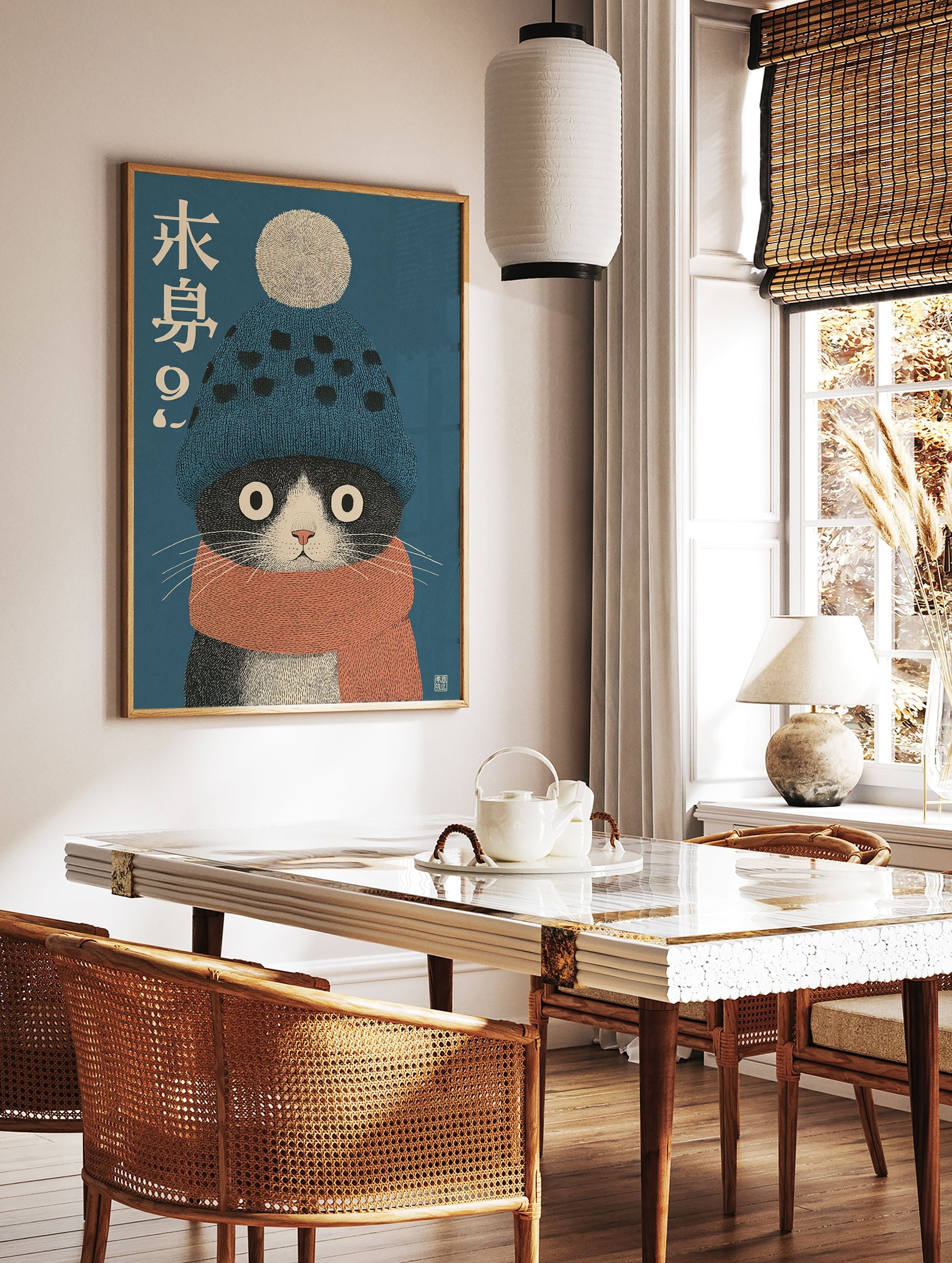 Whimsical tuxedo cat wall art wearing a blue beanie and orange scarf, with Japanese text on a blue background. - Image 2