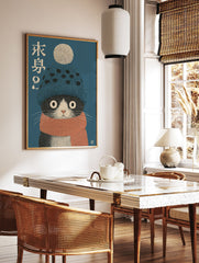 Whimsical tuxedo cat wall art wearing a blue beanie and orange scarf, with Japanese text on a blue background. - Image 2