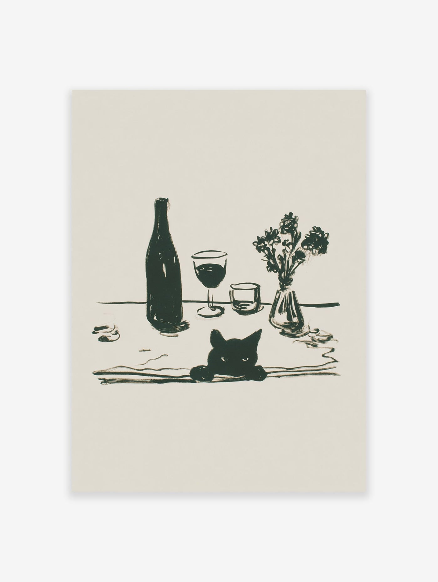 Minimalist black cat wall art illustration with a wine bottle, two glasses, and a small vase of flowers on a table.