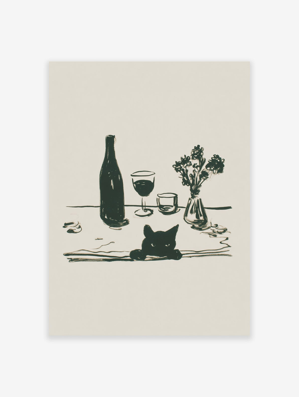 Minimalist black cat wall art illustration with a wine bottle, two glasses, and a small vase of flowers on a table.